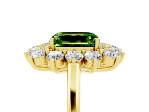 Yellow gold Emerald Cut Halo Cluster Diamond Ring with Pave Band and Four-Prong Setting_5