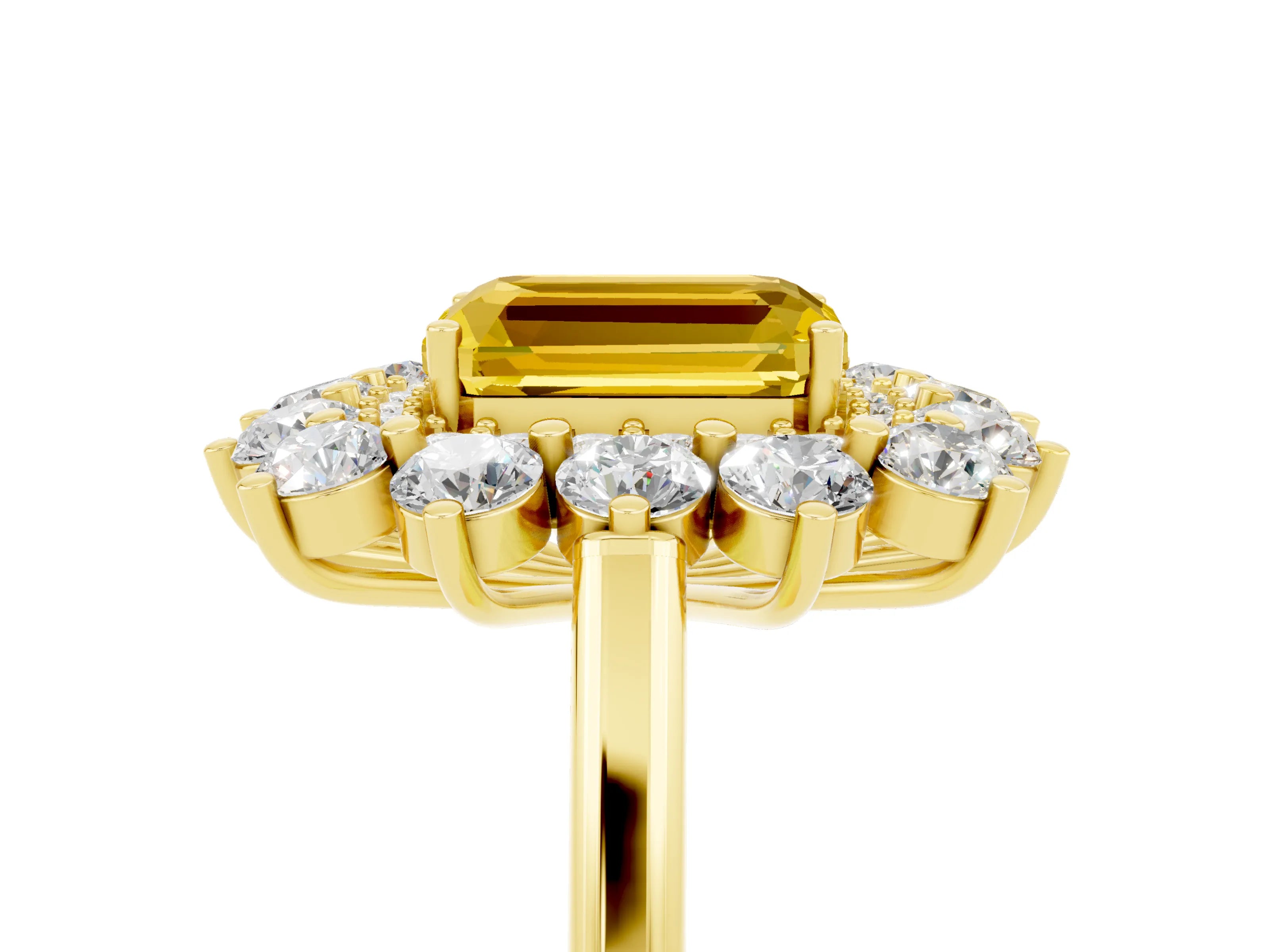 Yellow gold Emerald Cut Halo Cluster Diamond Ring with Pave Band and Four-Prong Setting_5