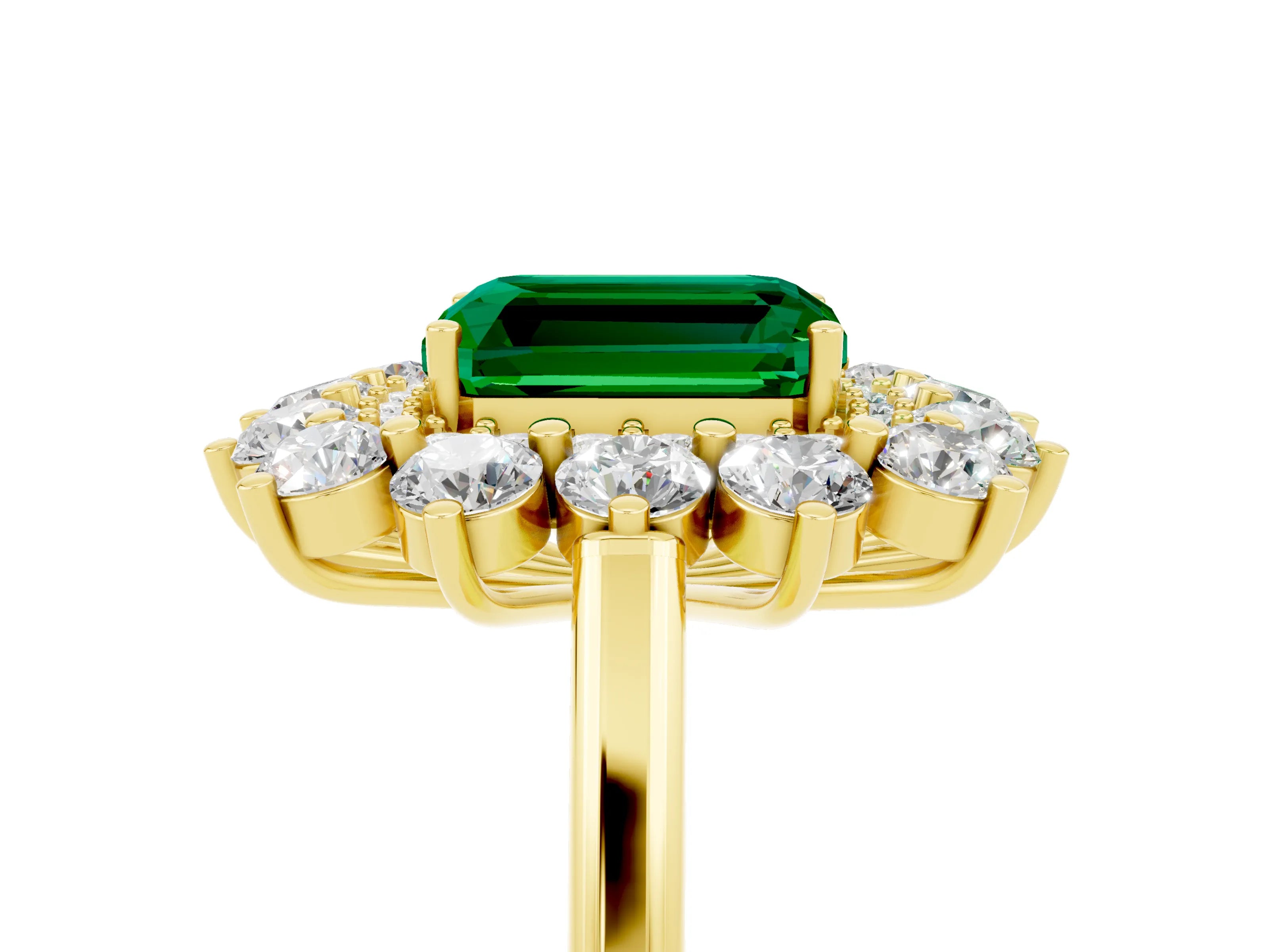 Yellow gold Emerald Cut Halo Cluster Diamond Ring with Pave Band and Four-Prong Setting_5