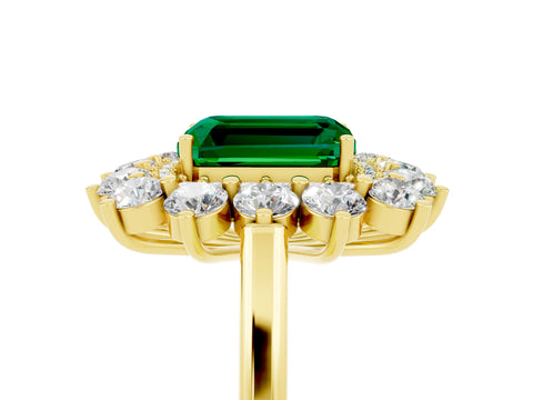 Yellow gold Emerald Cut Halo Cluster Diamond Ring with Pave Band and Four-Prong Setting_5