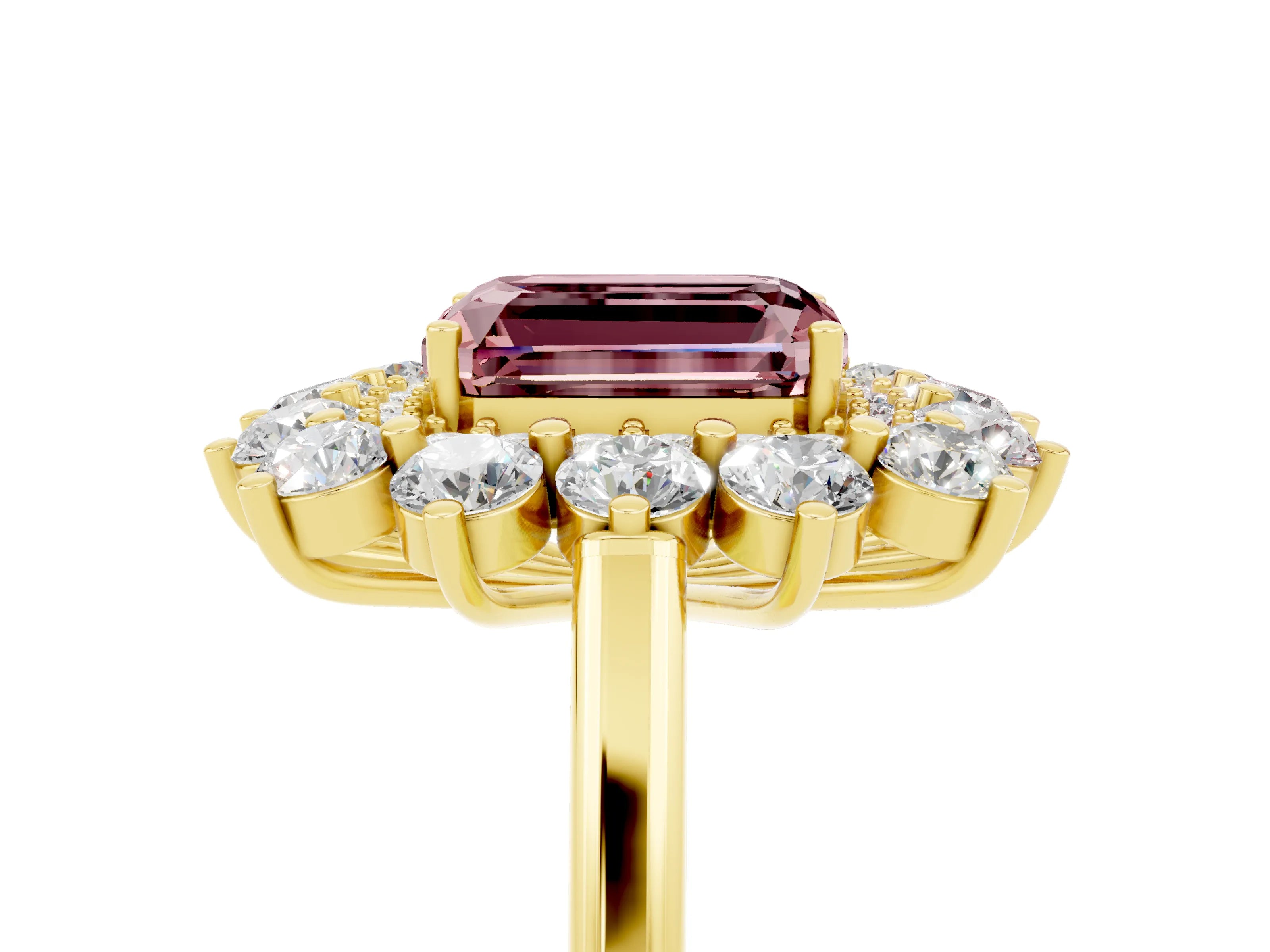 Yellow gold Emerald Cut Halo Cluster Diamond Ring with Pave Band and Four-Prong Setting_5