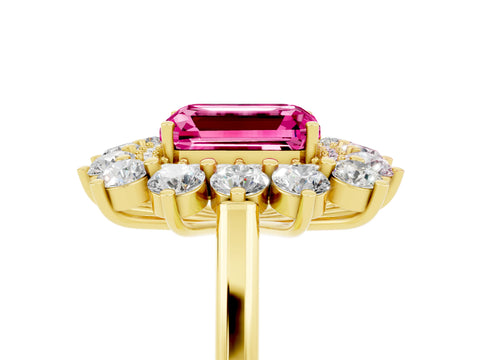 Yellow gold Emerald Cut Halo Cluster Diamond Ring with Pave Band and Four-Prong Setting_5