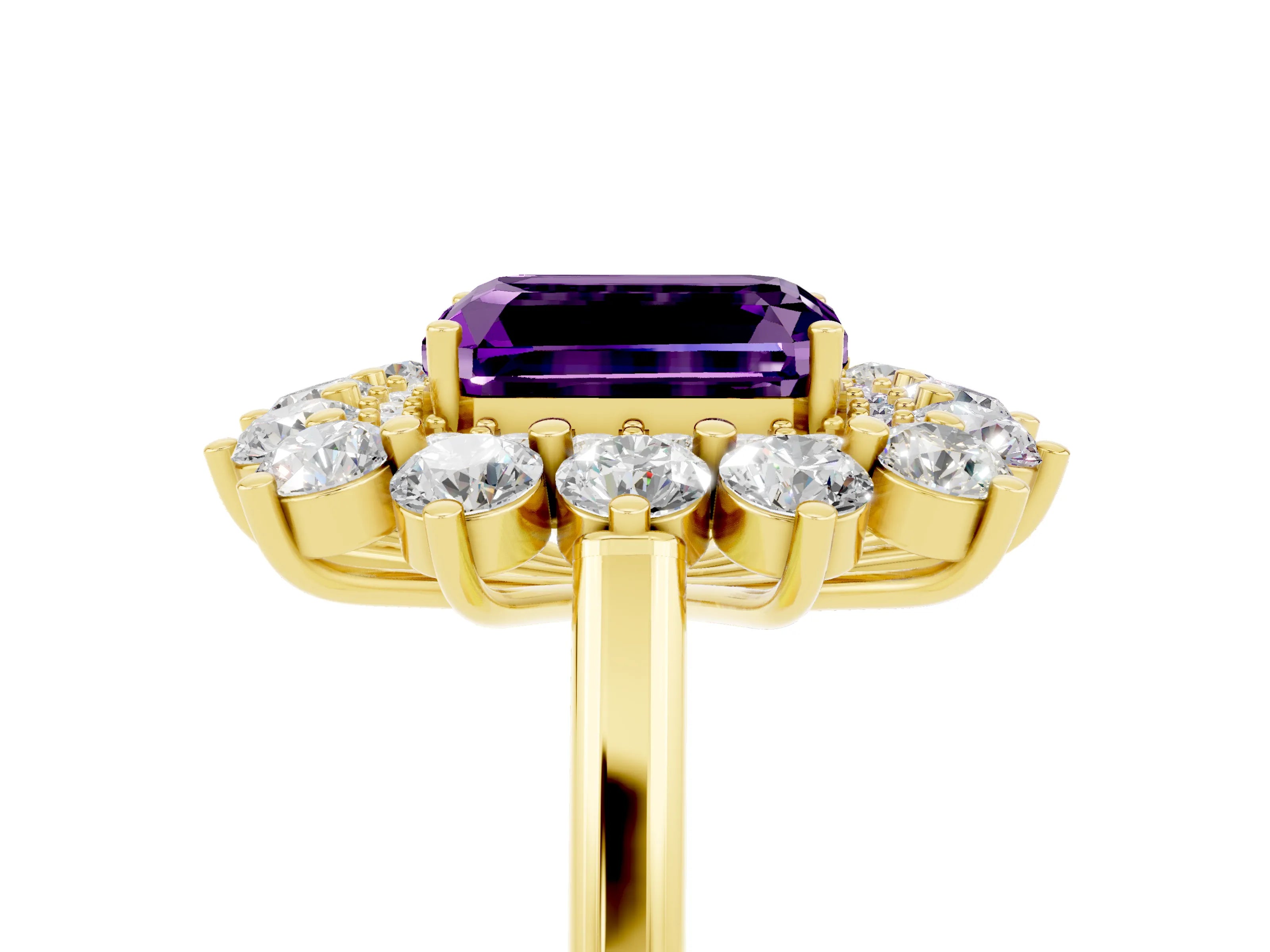 Yellow gold Emerald Cut Halo Cluster Diamond Ring with Pave Band and Four-Prong Setting_5