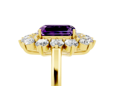 Yellow gold Emerald Cut Halo Cluster Diamond Ring with Pave Band and Four-Prong Setting_5