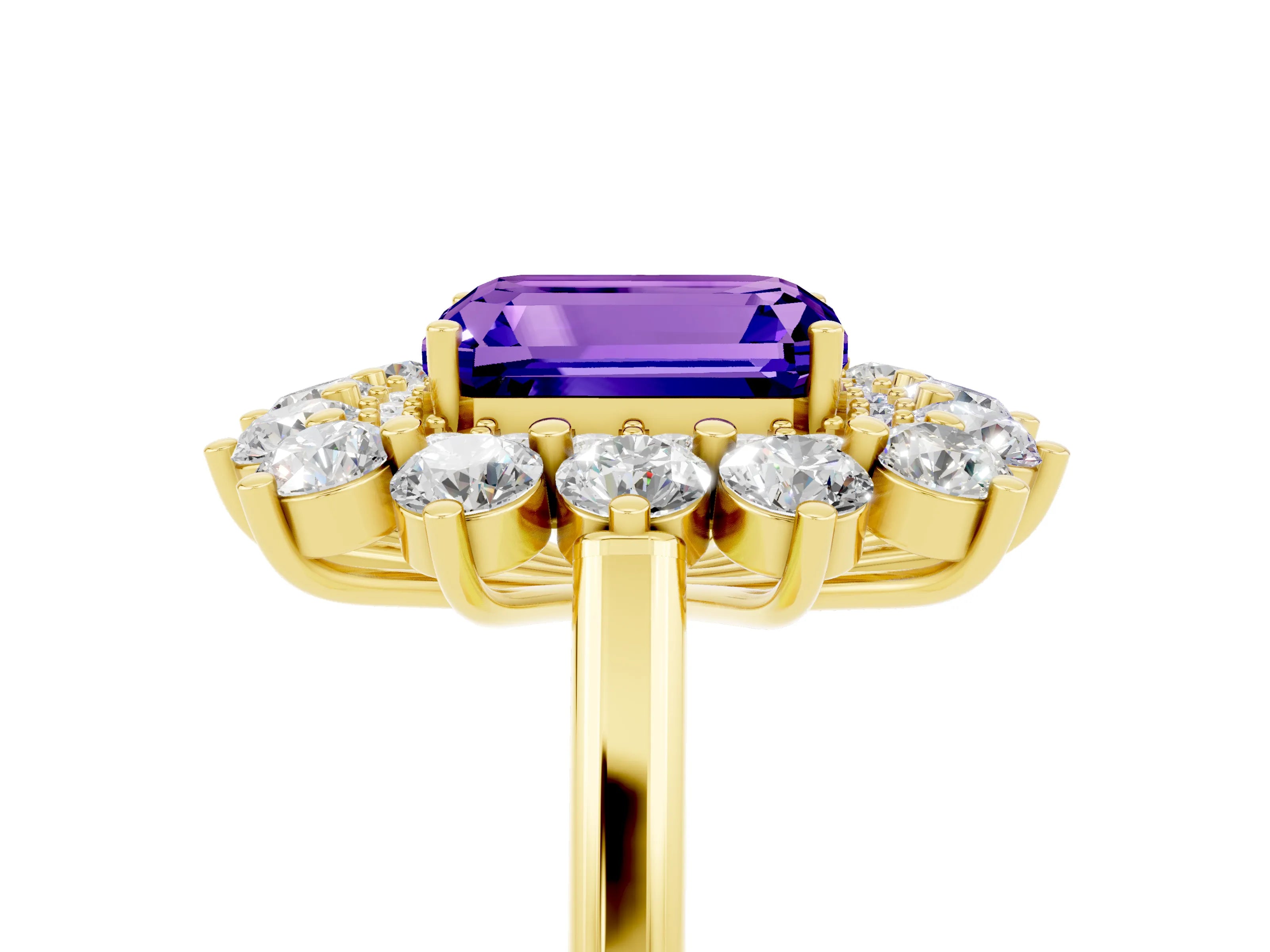 Yellow gold Emerald Cut Halo Cluster Diamond Ring with Pave Band and Four-Prong Setting_5