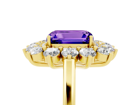 Yellow gold Emerald Cut Halo Cluster Diamond Ring with Pave Band and Four-Prong Setting_5