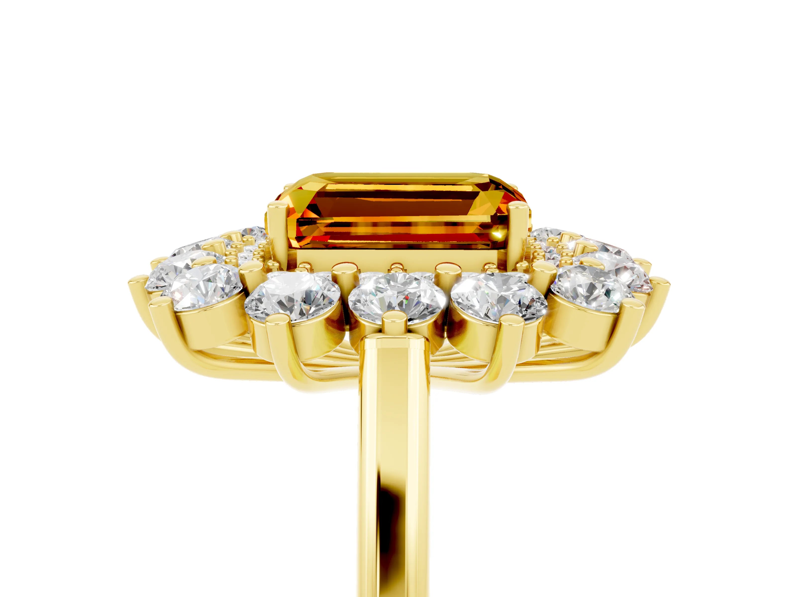 Yellow gold Emerald Cut Halo Cluster Diamond Ring with Pave Band and Four-Prong Setting_5
