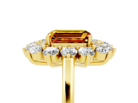 Yellow gold Emerald Cut Halo Cluster Diamond Ring with Pave Band and Four-Prong Setting_5
