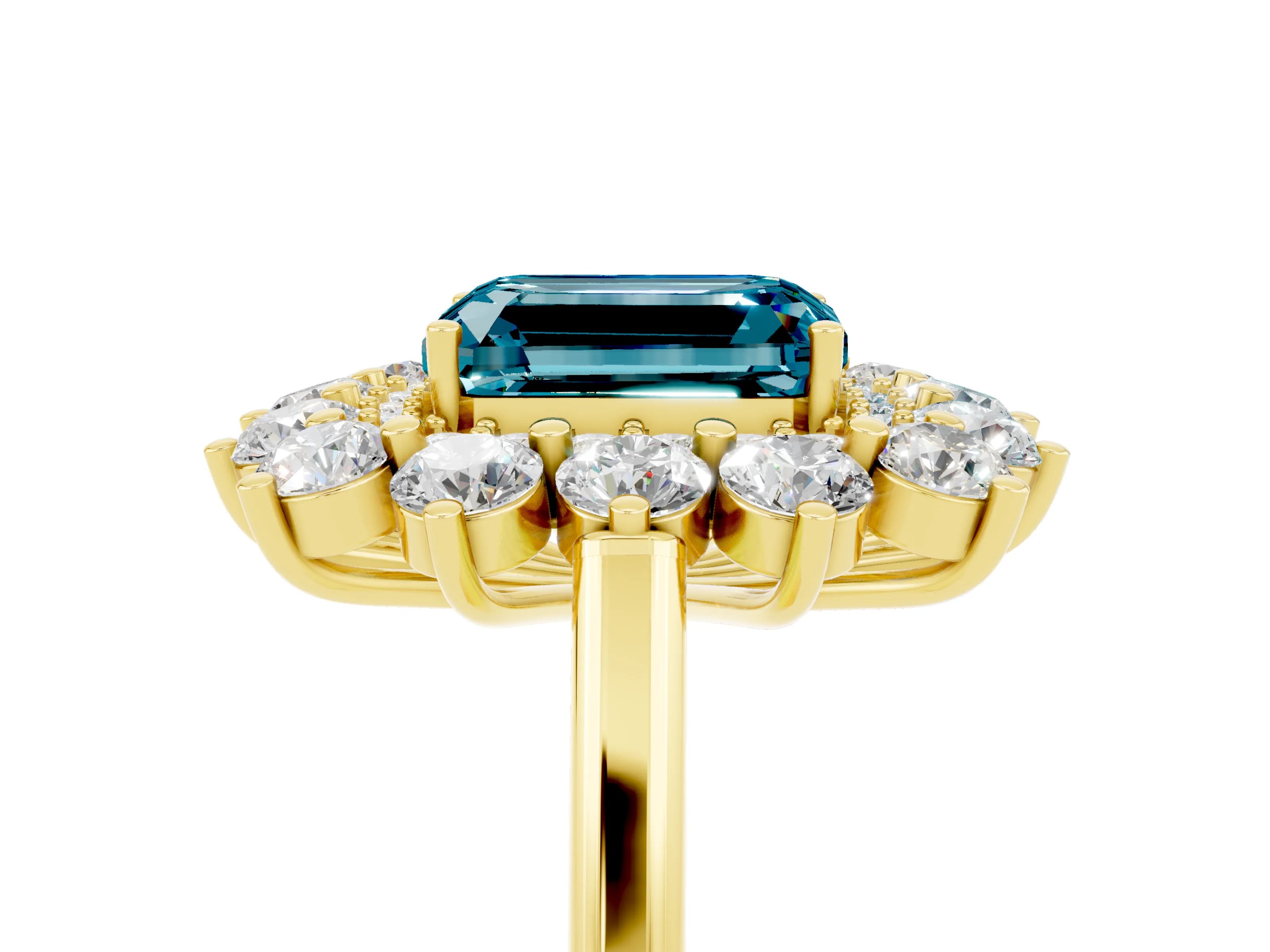 Yellow gold Emerald Cut Halo Cluster Diamond Ring with Pave Band and Four-Prong Setting_5