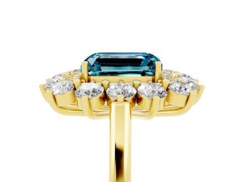 Yellow gold Emerald Cut Halo Cluster Diamond Ring with Pave Band and Four-Prong Setting_5