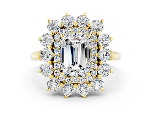 Yellow gold Emerald Cut Moissanite Floral Double Halo Engagement Ring with Prong Setting
