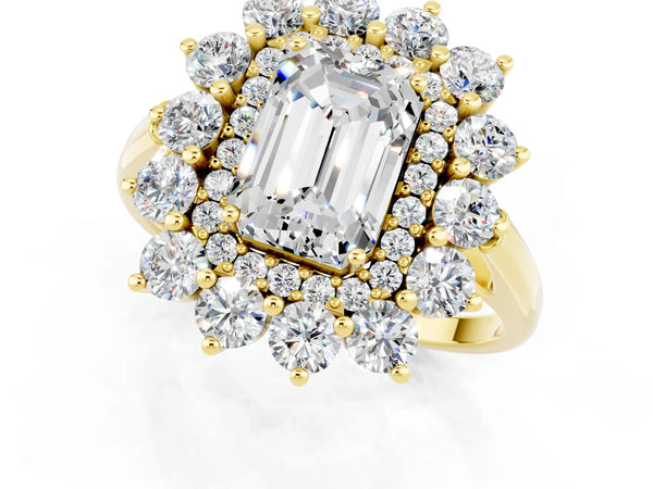 Yellow gold Emerald Cut Moissanite Floral Double Halo Engagement Ring with Prong Setting
