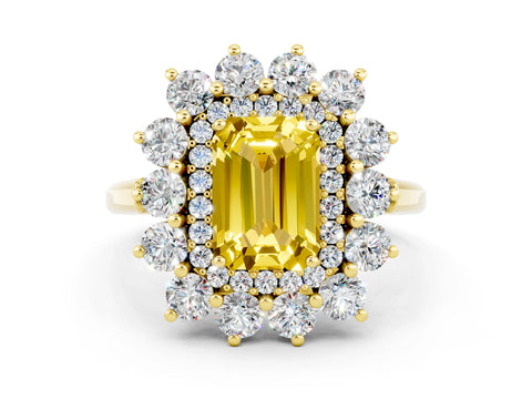 Yellow gold Emerald Cut Halo Cluster Diamond Ring with Pave Band and Four-Prong Setting