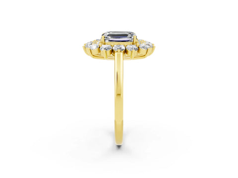 Yellow gold Emerald Cut Halo Cluster Diamond Ring with Pave Band and Four-Prong Setting_8