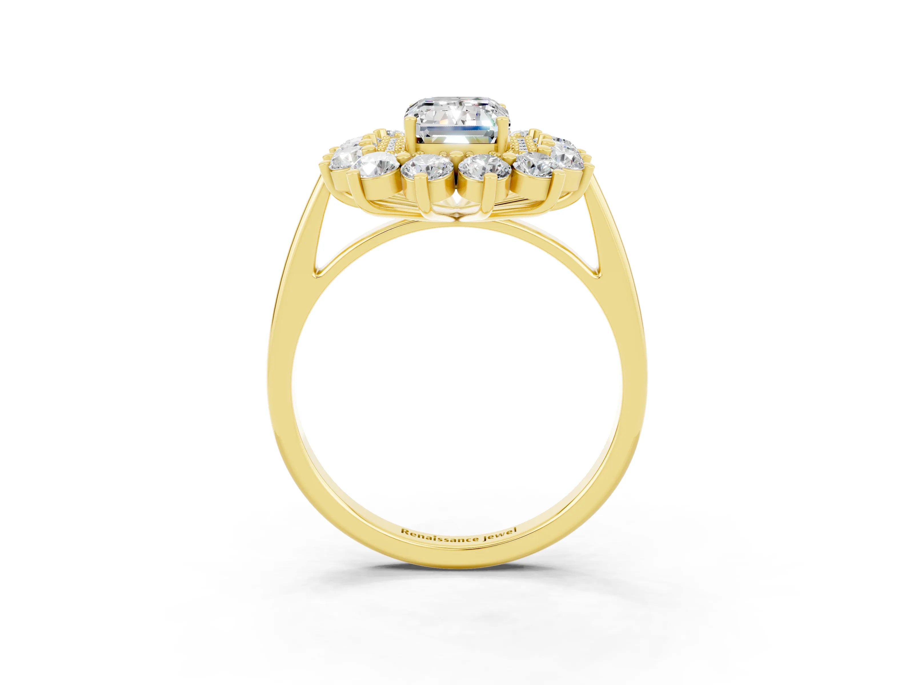 Yellow gold Emerald Cut Halo Cluster Diamond Ring with Pave Band and Four-Prong Setting_9