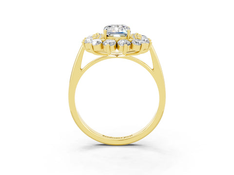 Yellow gold Emerald Cut Halo Cluster Diamond Ring with Pave Band and Four-Prong Setting_9