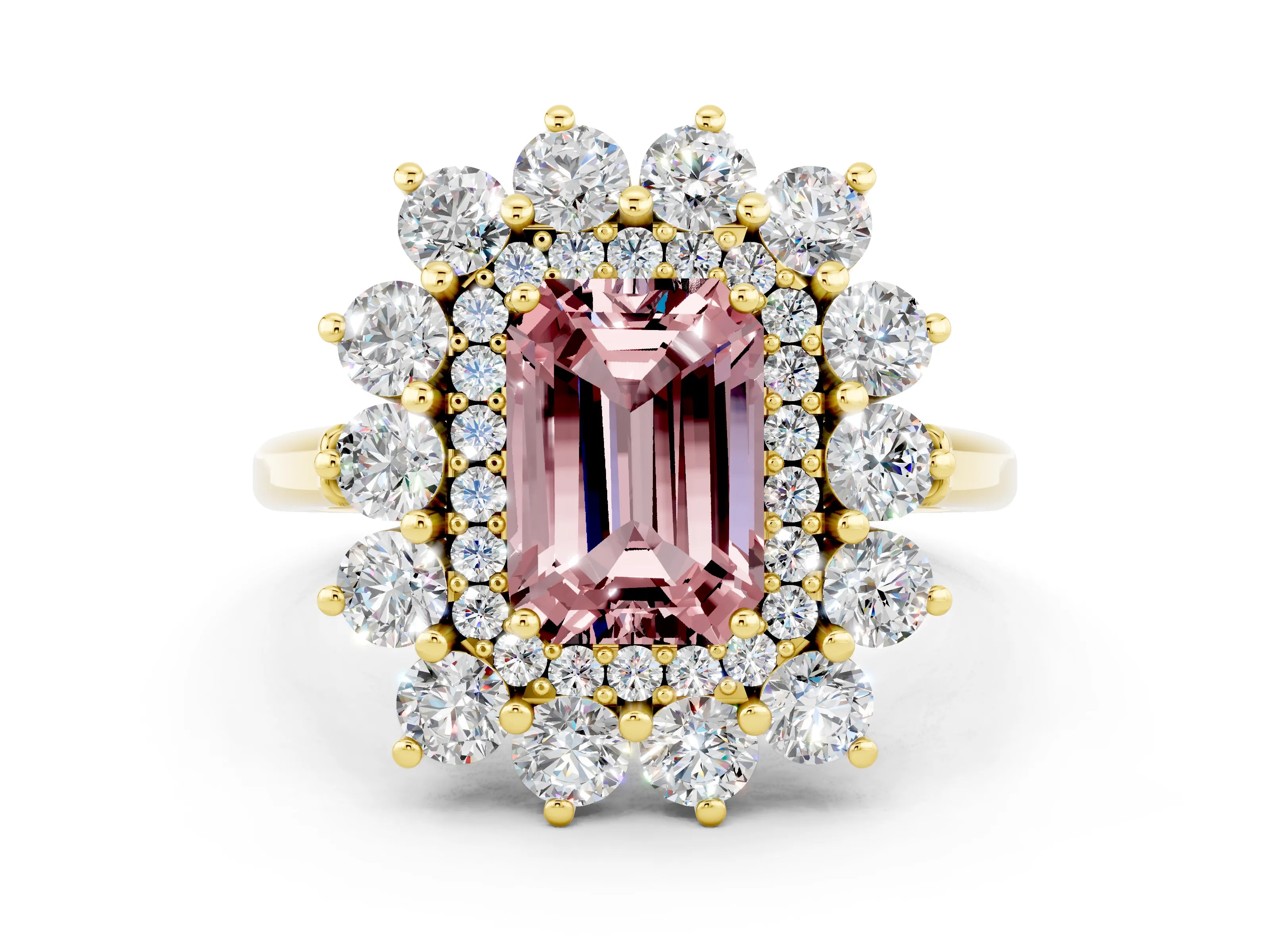 Yellow gold Emerald Cut Halo Cluster Diamond Ring with Pave Band and Four-Prong Setting