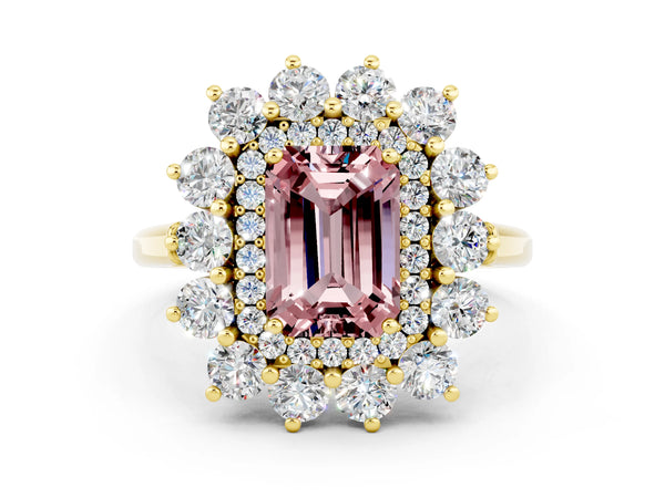 Yellow gold Emerald Cut Halo Cluster Diamond Ring with Pave Band and Four-Prong Setting