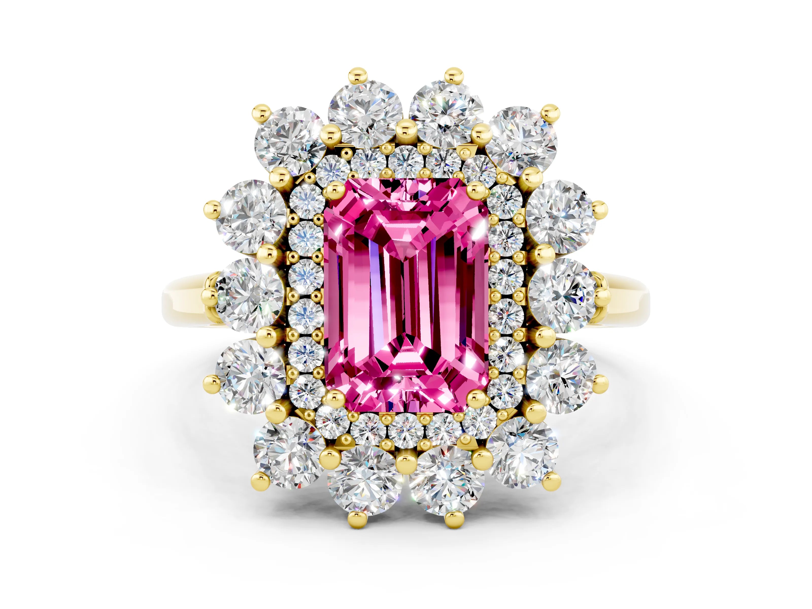 Yellow gold Emerald Cut Halo Cluster Diamond Ring with Pave Band and Four-Prong Setting