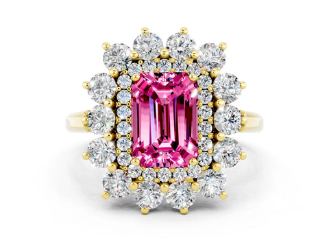 Yellow gold Emerald Cut Halo Cluster Diamond Ring with Pave Band and Four-Prong Setting