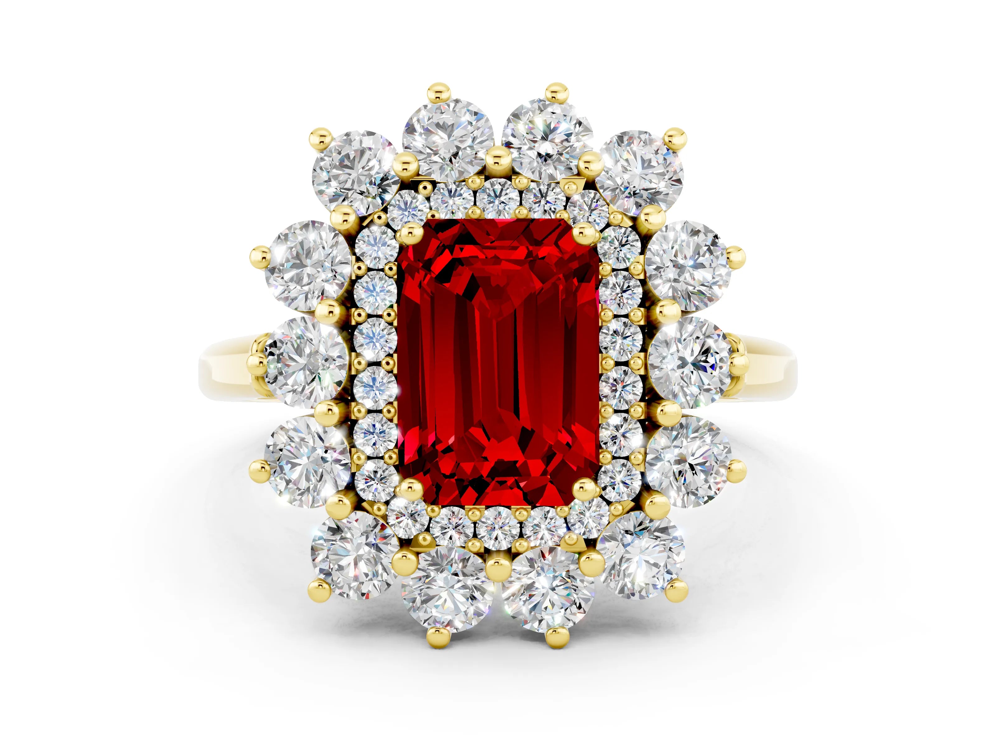 Yellow gold Emerald Cut Halo Cluster Diamond Ring with Pave Band and Four-Prong Setting