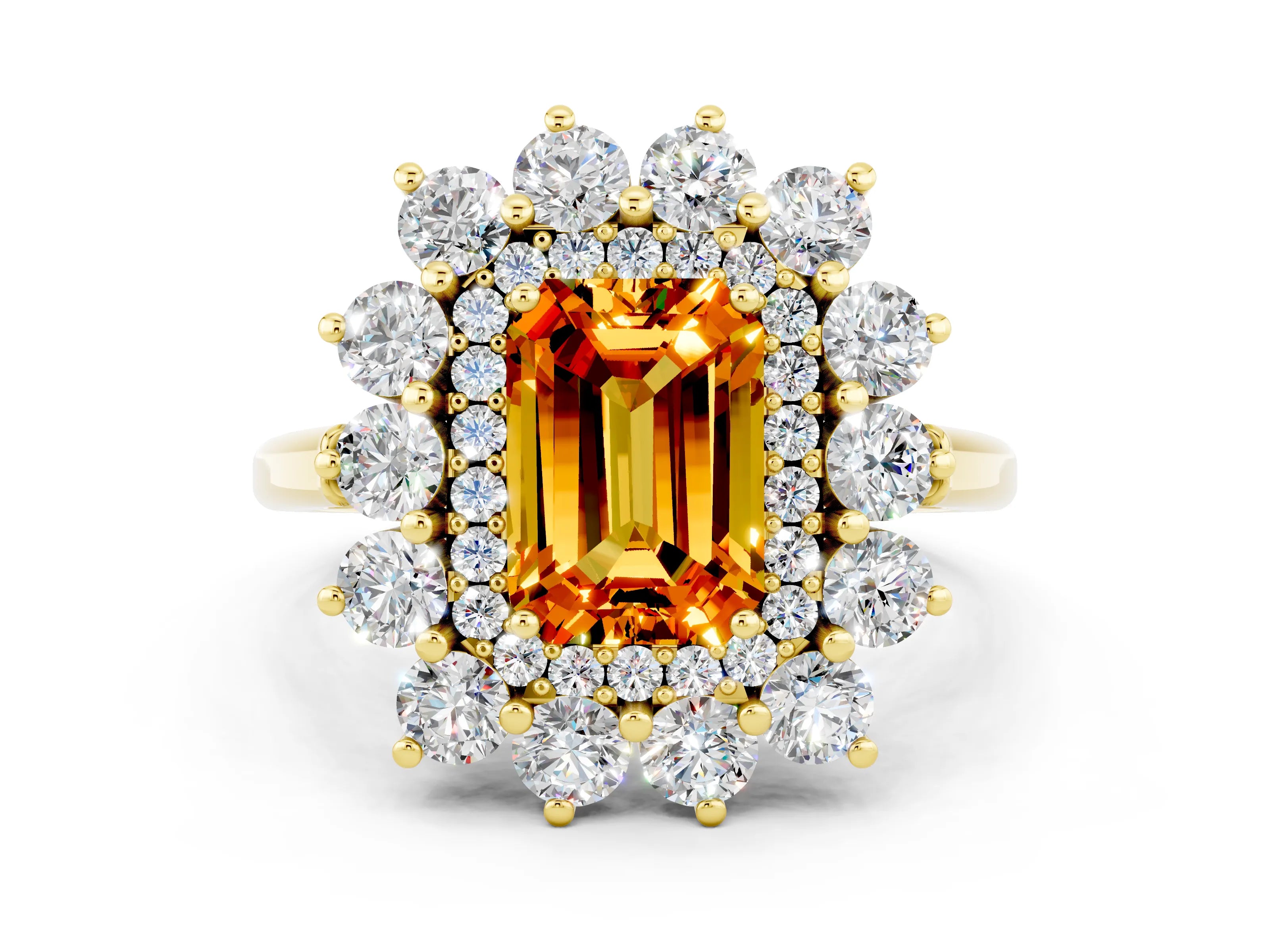Yellow gold Emerald Cut Halo Cluster Diamond Ring with Pave Band and Four-Prong Setting