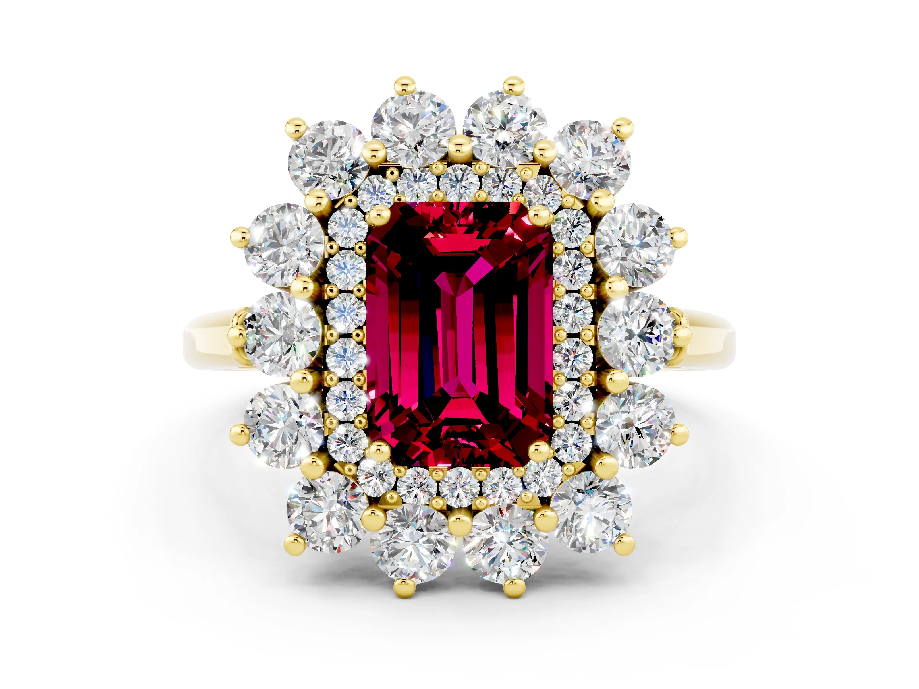 Yellow gold Emerald Cut Halo Cluster Diamond Ring with Pave Band and Four-Prong Setting