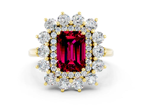 Yellow gold Emerald Cut Halo Cluster Diamond Ring with Pave Band and Four-Prong Setting