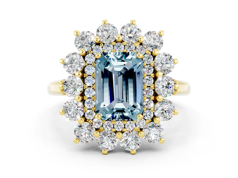 Yellow gold Emerald Cut Halo Cluster Diamond Ring with Pave Band and Four-Prong Setting
