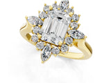 Yellow gold Emerald Cut Halo Diamond Cluster Ring with Marquise and Round Stones on a White Gold Band with Prong Setting_10