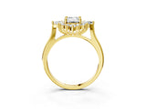Yellow gold Emerald Cut Halo Diamond Cluster Ring with Marquise and Round Stones on a White Gold Band with Prong Setting_12