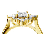 Yellow gold Emerald Cut Halo Diamond Cluster Ring with Marquise and Round Stones on a White Gold Band with Prong Setting_13