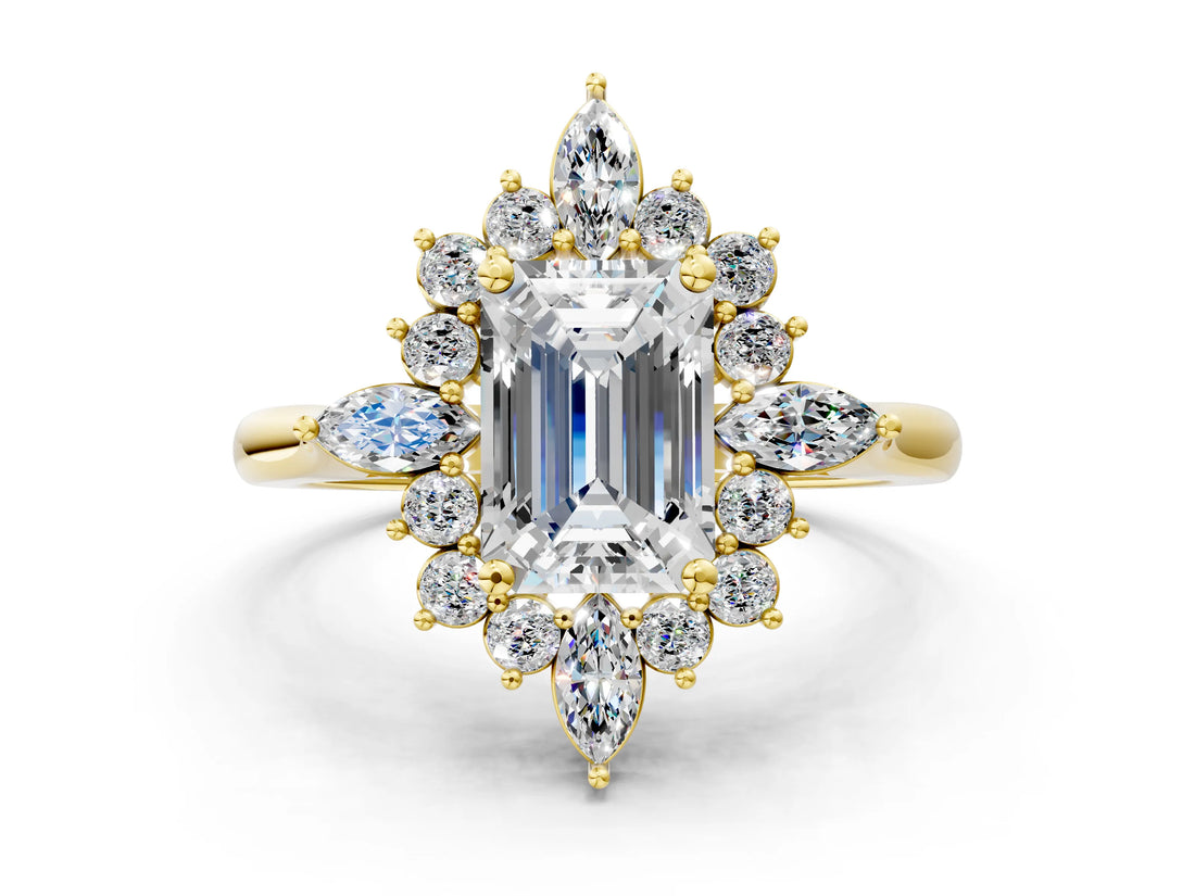 Yellow gold Emerald Cut Halo Diamond Cluster Ring with Marquise and Round Stones on a White Gold Band with Prong Setting_9
