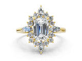 Yellow gold Emerald Cut Halo Diamond Cluster Ring with Marquise and Round Stones on a White Gold Band with Prong Setting_9