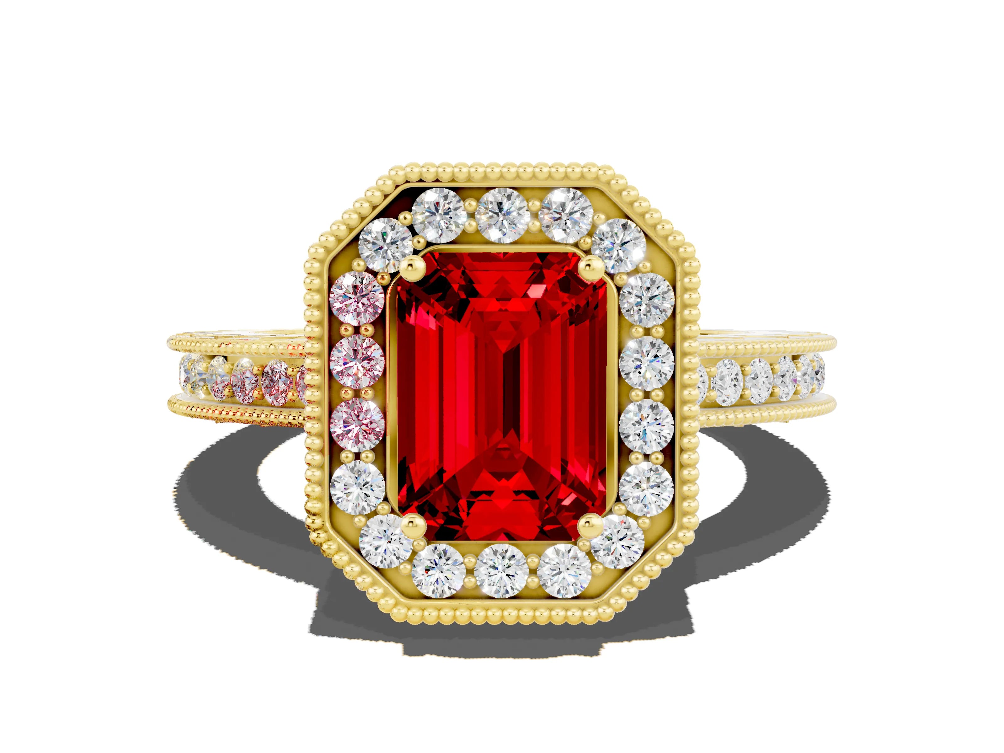 Yellow gold Emerald Cut Halo Diamond Engagement Ring with Milgrain Pave Band and Four-Prong Setting