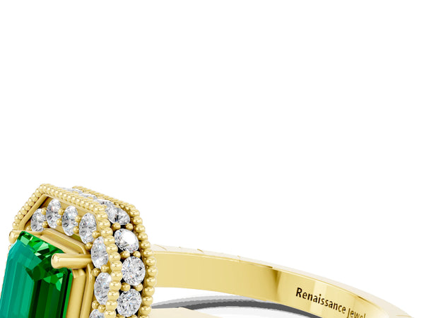Yellow gold Emerald Cut Halo Diamond Engagement Ring with Milgrain Pave Band and Four-Prong Setting