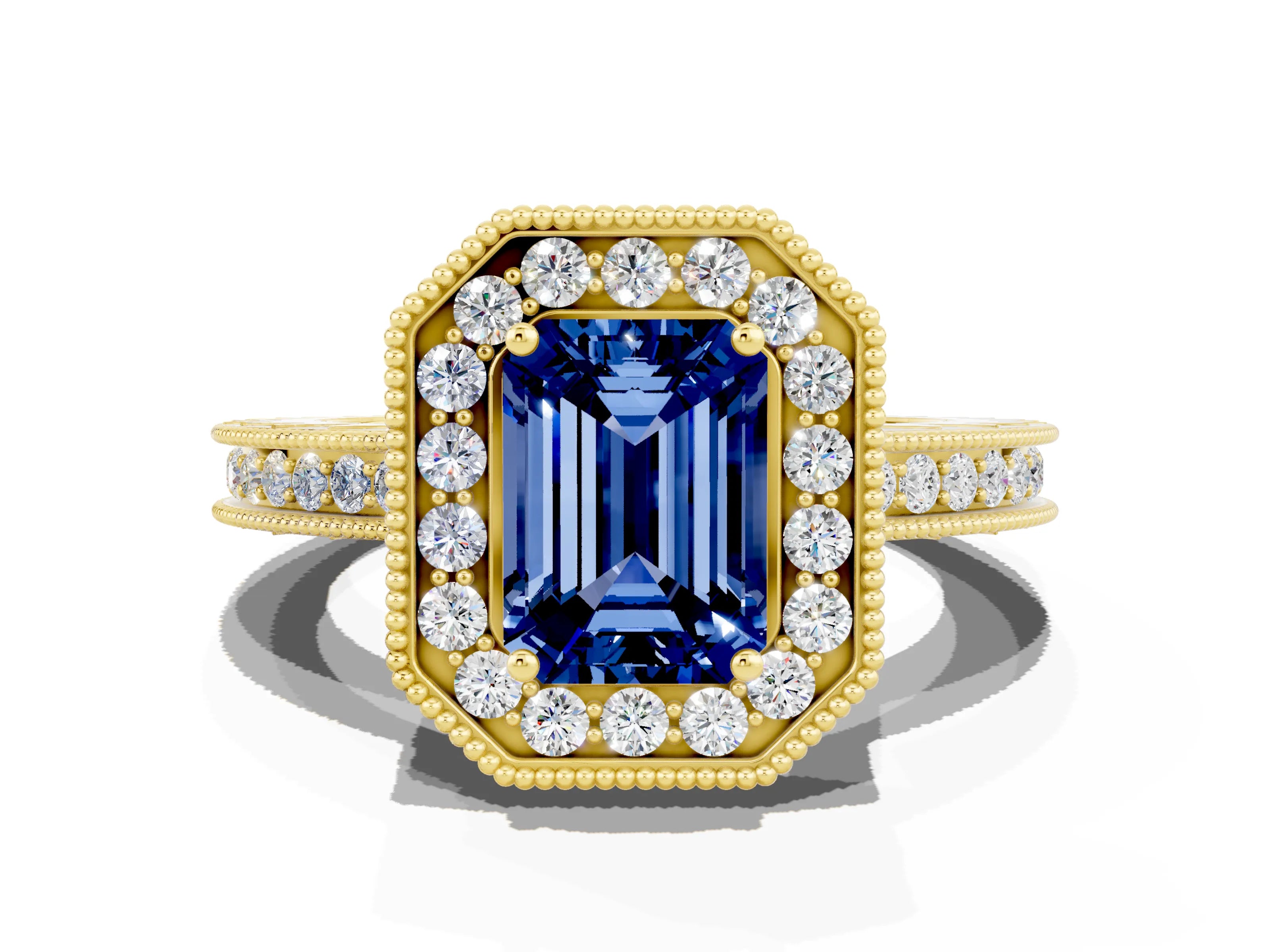 Yellow gold Emerald Cut Halo Diamond Engagement Ring with Milgrain Pave Band and Four-Prong Setting