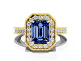 Yellow gold Emerald Cut Halo Diamond Engagement Ring with Milgrain Pave Band and Four-Prong Setting
