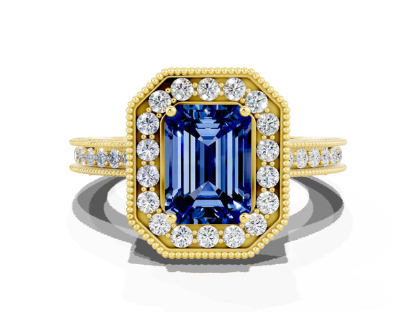 Yellow gold Emerald Cut Halo Diamond Engagement Ring with Milgrain Pave Band and Four-Prong Setting