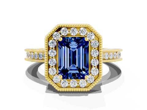 Yellow gold Emerald Cut Halo Diamond Engagement Ring with Milgrain Pave Band and Four-Prong Setting
