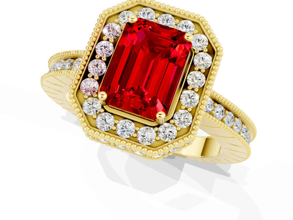 Yellow gold Emerald Cut Halo Diamond Engagement Ring with Milgrain Pave Band and Four-Prong Setting