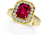 Yellow gold Emerald Cut Halo Diamond Engagement Ring with Milgrain Pave Band and Four-Prong Setting_1