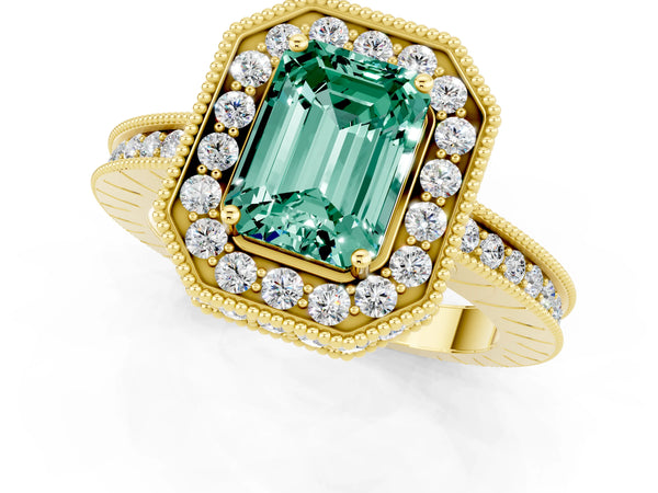 Yellow gold Emerald Cut Halo Diamond Engagement Ring with Milgrain Pave Band and Four-Prong Setting