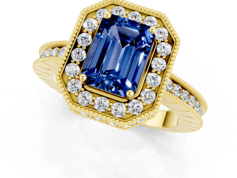Yellow gold Emerald Cut Halo Diamond Engagement Ring with Milgrain Pave Band and Four-Prong Setting_1