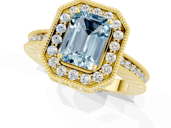 Yellow gold Emerald Cut Halo Diamond Engagement Ring with Milgrain Pave Band and Four-Prong Setting