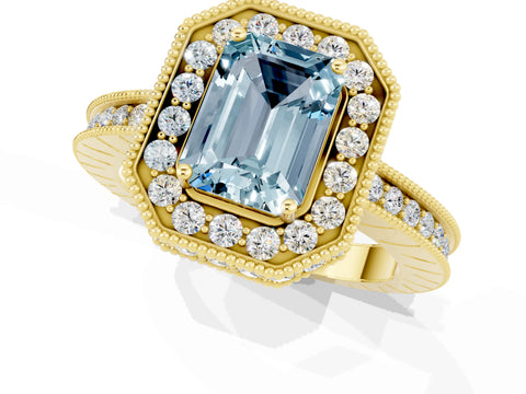 Yellow gold Emerald Cut Halo Diamond Engagement Ring with Milgrain Pave Band and Four-Prong Setting_1