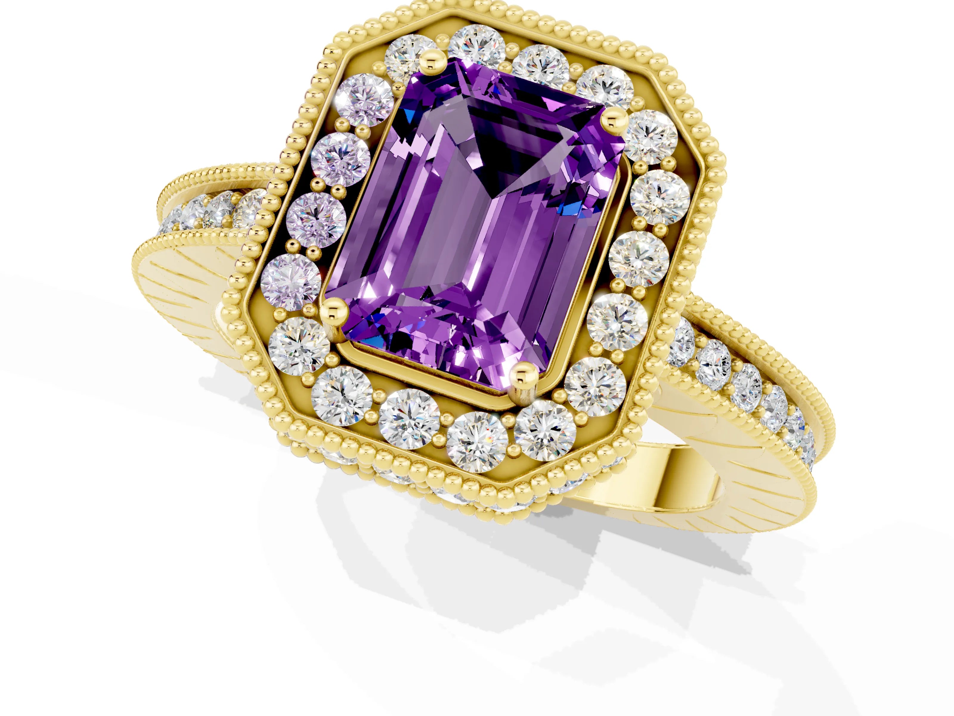 Yellow gold Emerald Cut Halo Diamond Engagement Ring with Milgrain Pave Band and Four-Prong Setting_1