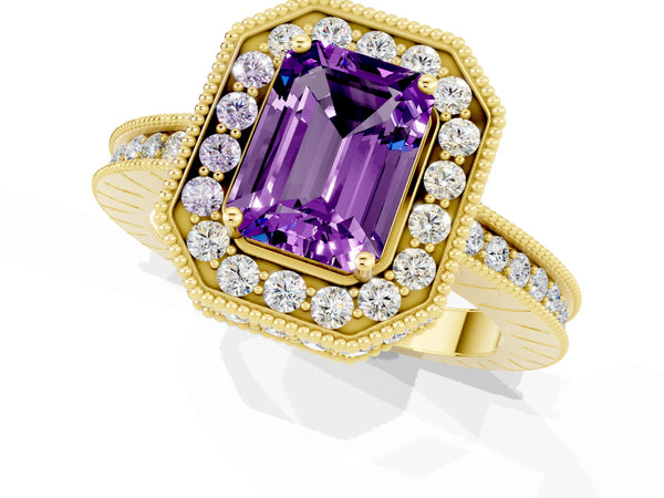 Yellow gold Emerald Cut Amethyst Milgrain Halo Engagement Ring with Round Pavé Band and Prong Setting