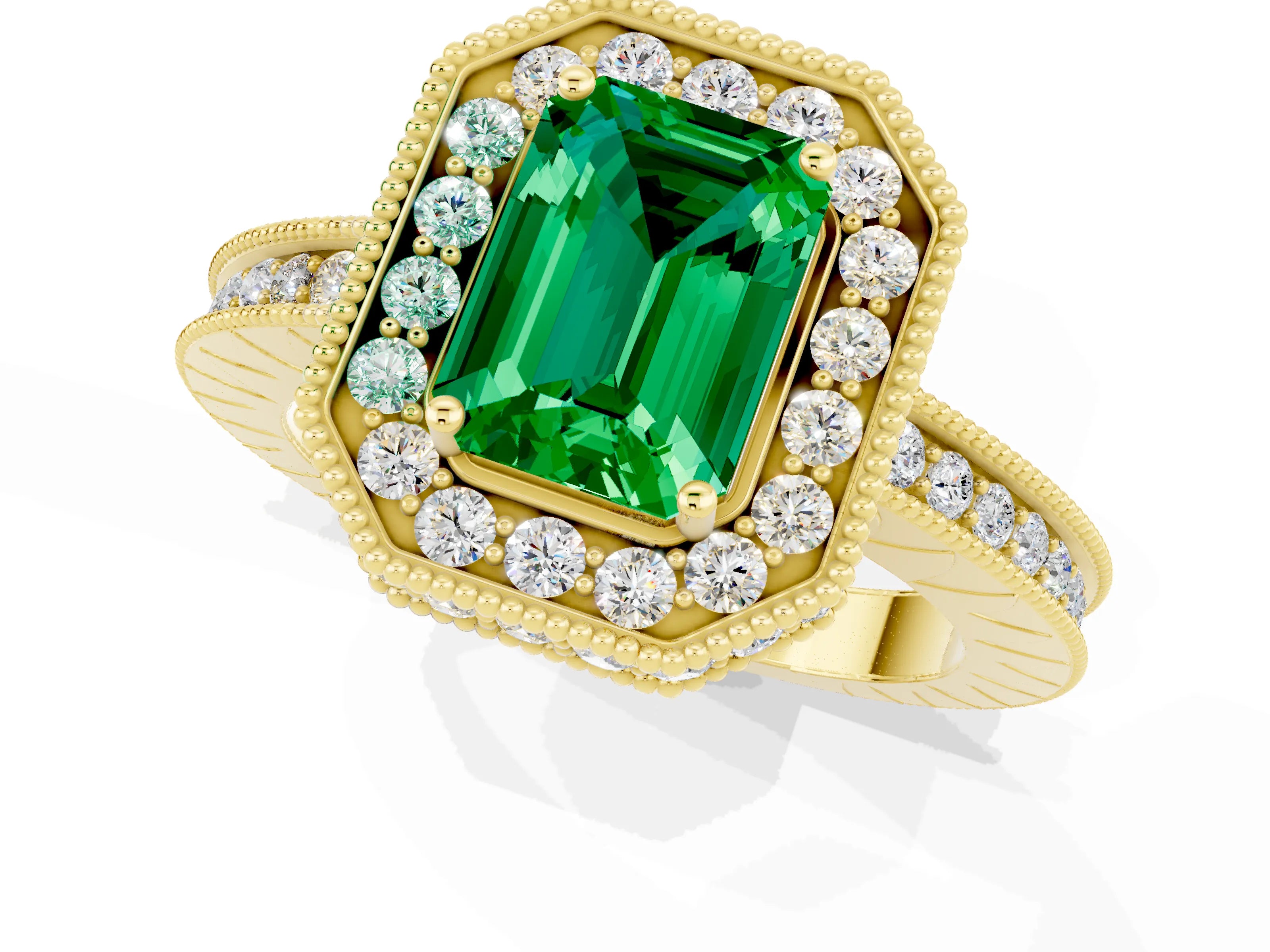 Yellow gold Emerald Cut Halo Diamond Engagement Ring with Milgrain Pave Band and Four-Prong Setting_1