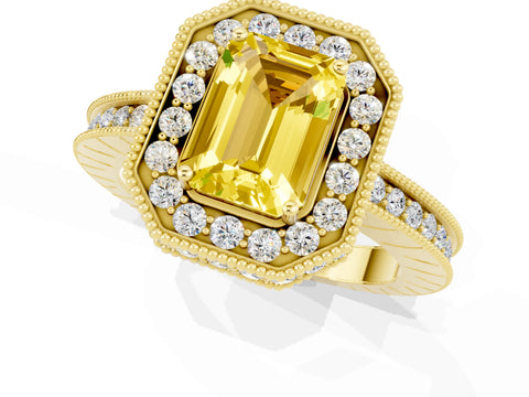 Yellow gold Emerald Cut Halo Diamond Engagement Ring with Milgrain Pave Band and Four-Prong Setting_1